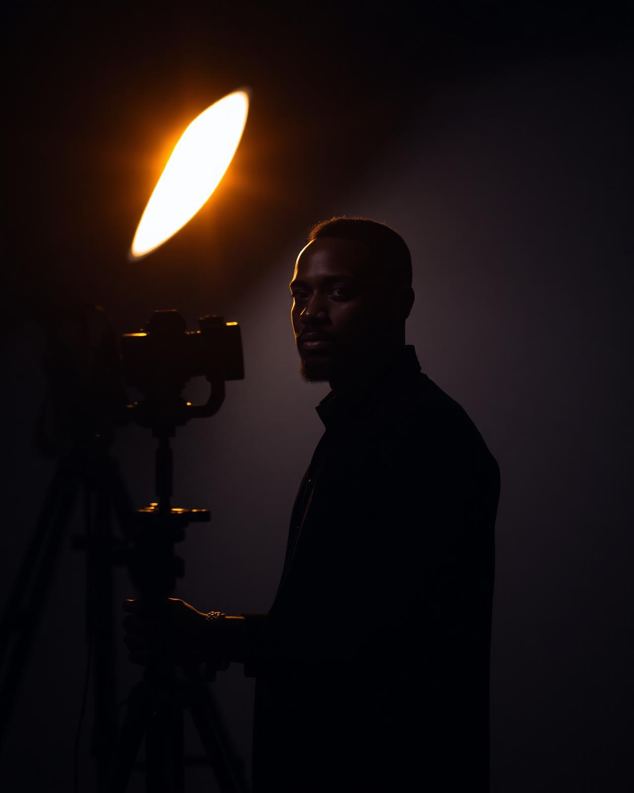 Ethiopian photographer working in a night-lit Addis Ababa studio